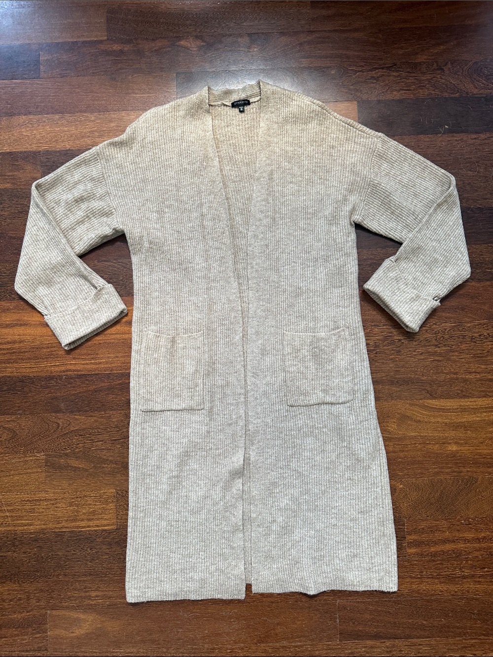 Dynamite Beige Ribbed Open-Front Long Cardigan